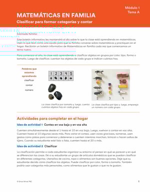Imagen de la página de Matemáticas en familia del libro Aprender de Eureka Math Squared del nivel K