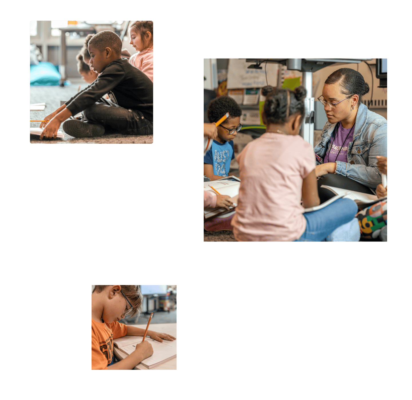 Three frames of images showing students and a teacher interacting in the math classroom.
