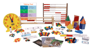Collection of Eureka Math Squared Manipulatives including a clock, cards, rekenrek, shapes, counters, and more.
