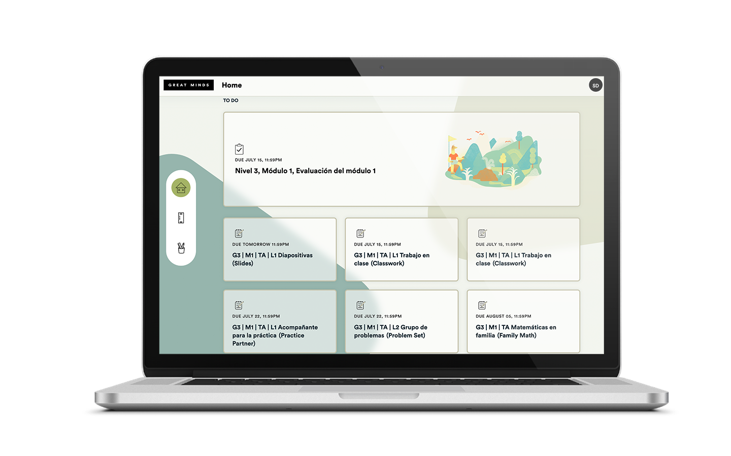 Imagen de la plataforma digital para estudiantes de Eureka Math Squared en la pantalla de una computadora portátil, donde se muestran asignaciones