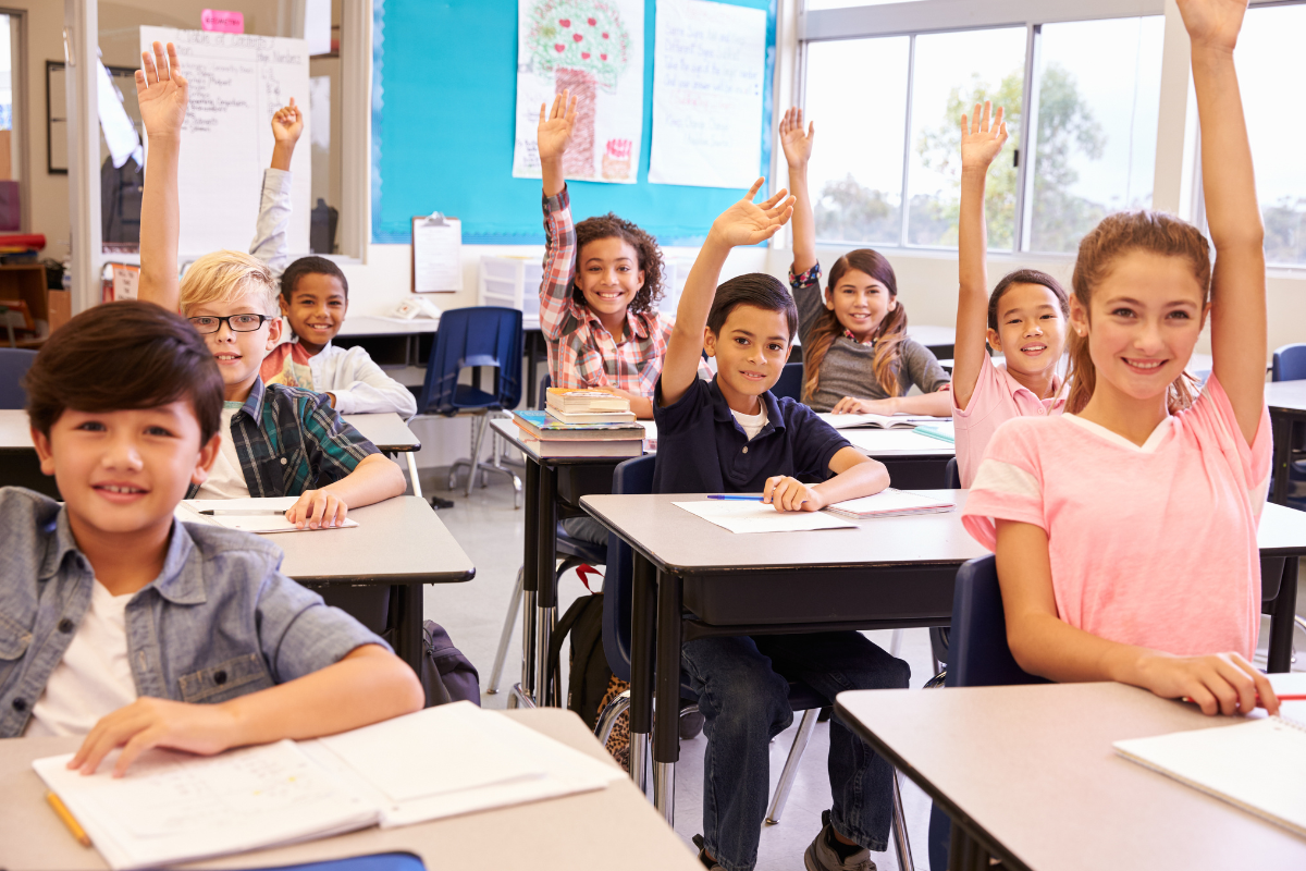Students raising hands in high-quality science class