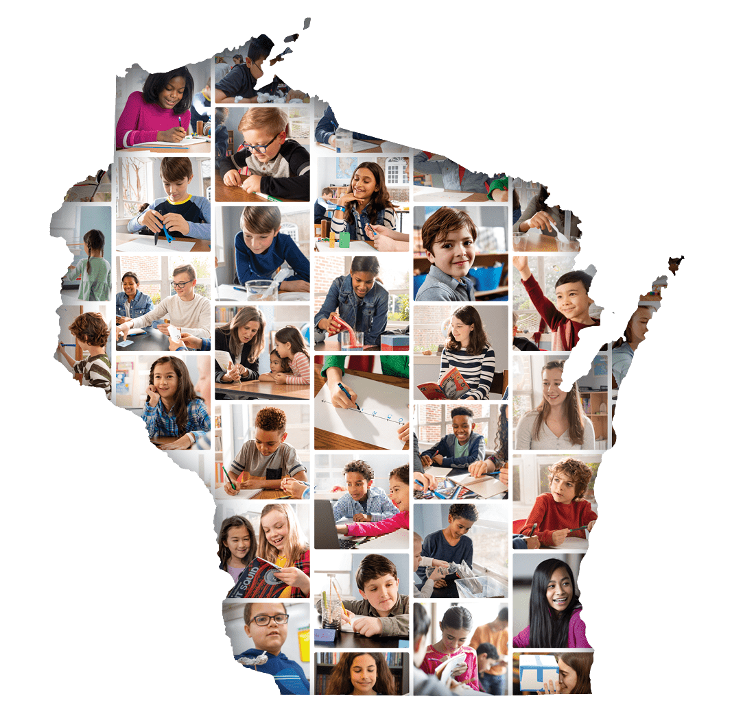Wisconsin state outline with student photo grid